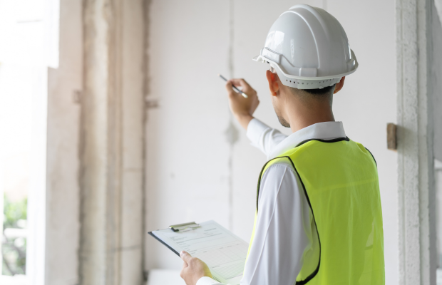 Inspector checking material and structure in construction.