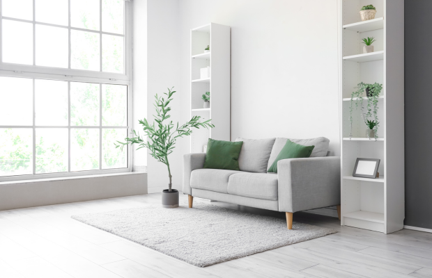 A spacious living room with a sofa beside the window